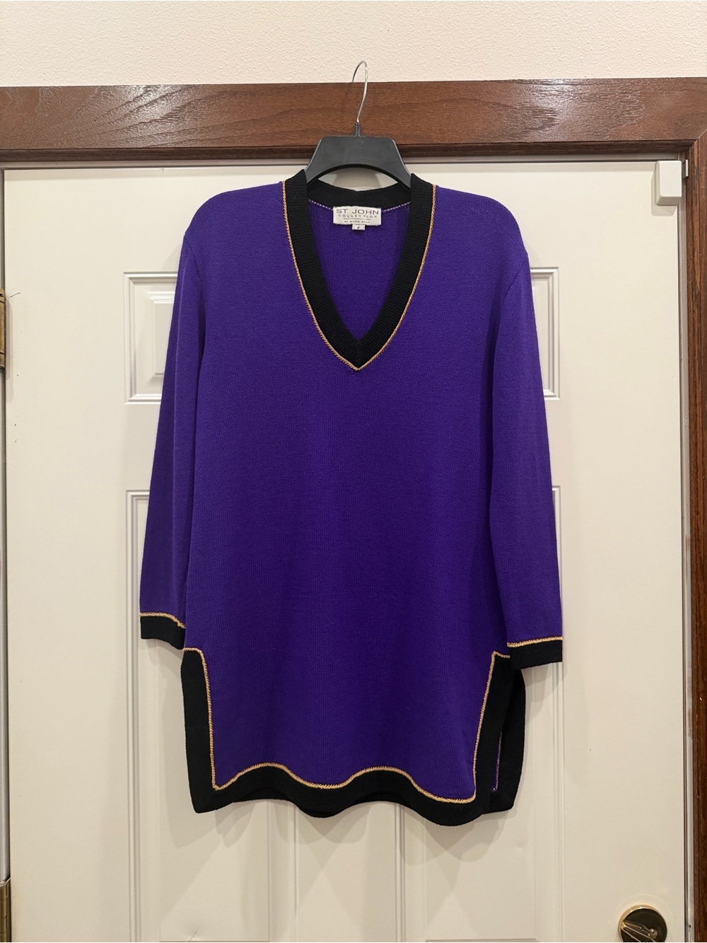 St. John Collection Purple V-Neck Tunic with Black and Gold Trim